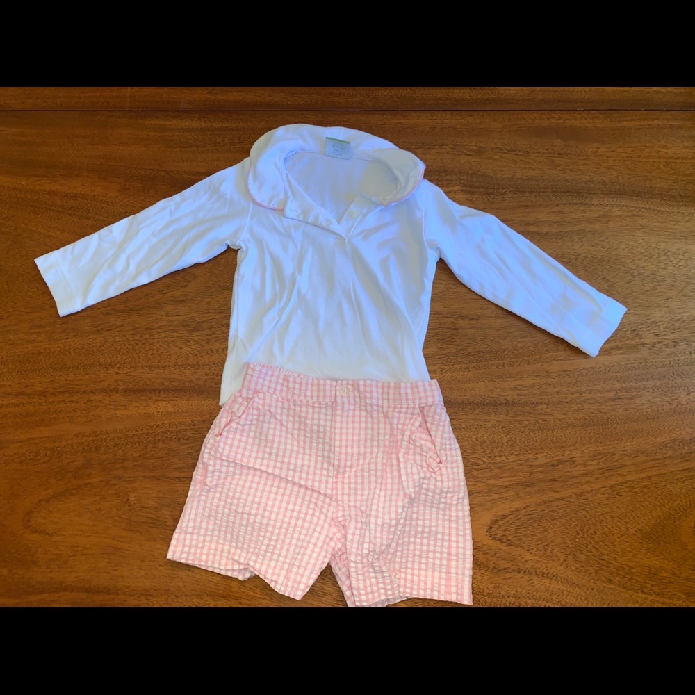 Castles & Crowns Seersucker Pink and White Shorts and White Long Sleeve Shirt